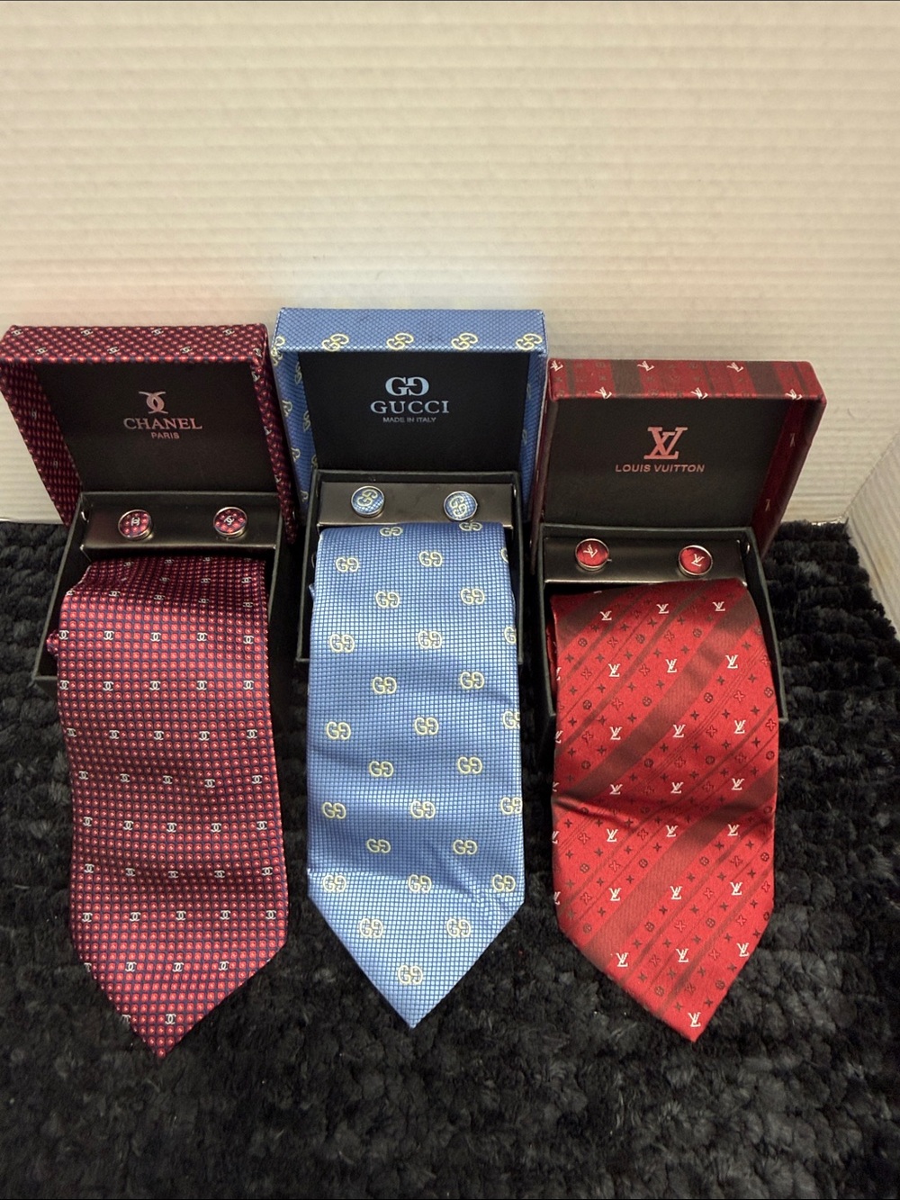 three designer Silk Tie with Matching Cufflinks.